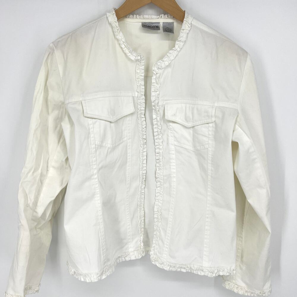 Chicos Cream Open Front Ruffle Trim Stretch Jacket Chicos Size 0 (Size 4)